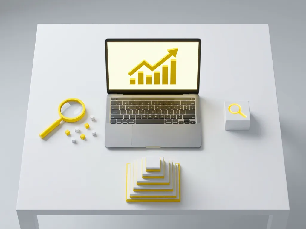 Laptop showing an analytics growth chart beside SEO tools