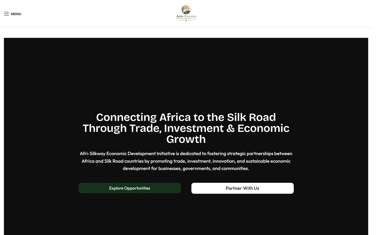 The Afri-Silkway Economic Development Initiative home page, headlined "Connecting Africa to the Silk Road Through Trade, Investment and Economic Growth".