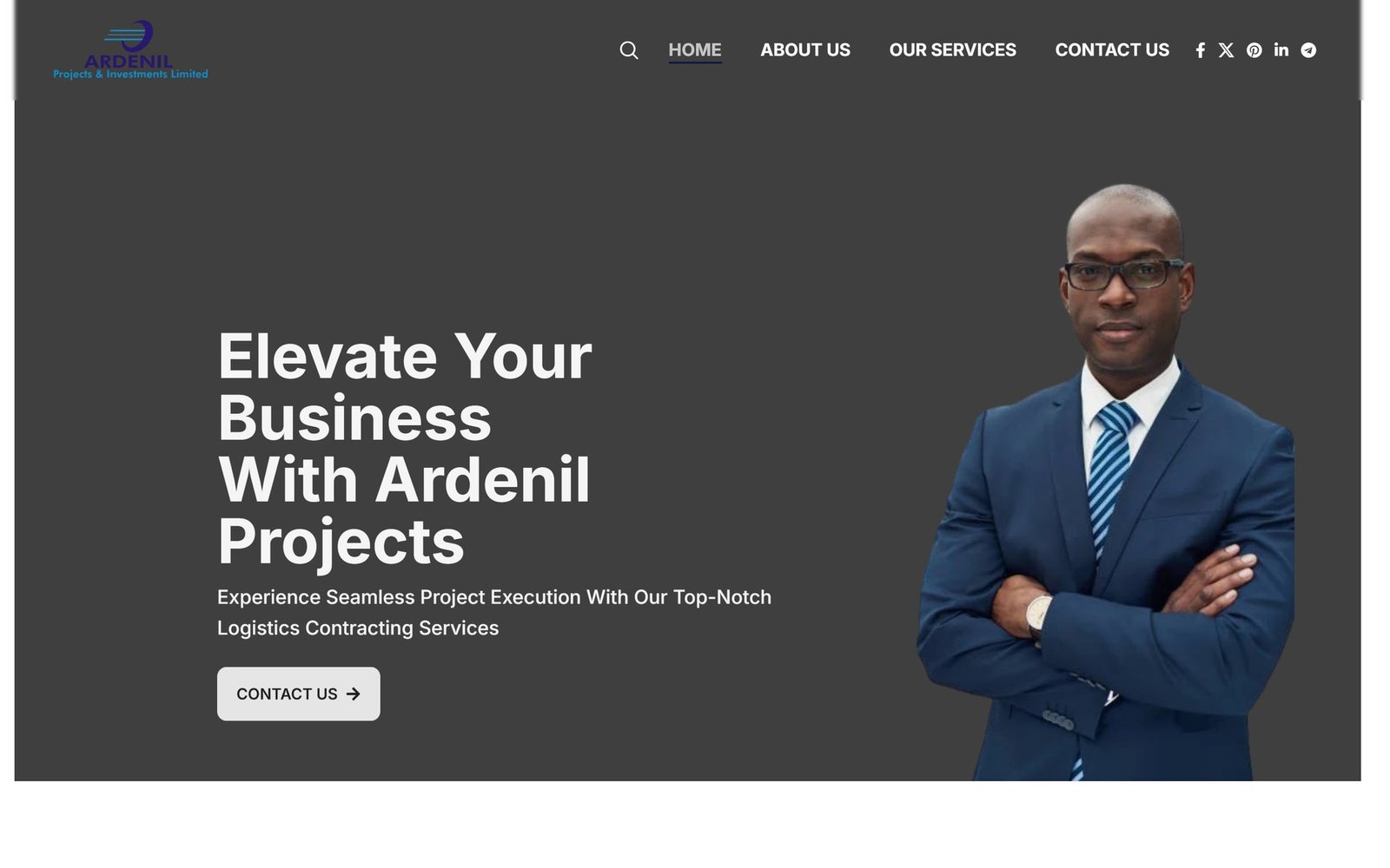 The Ardenil Projects home page: a project executive beside the headline "Elevate Your Business With Ardenil Projects".