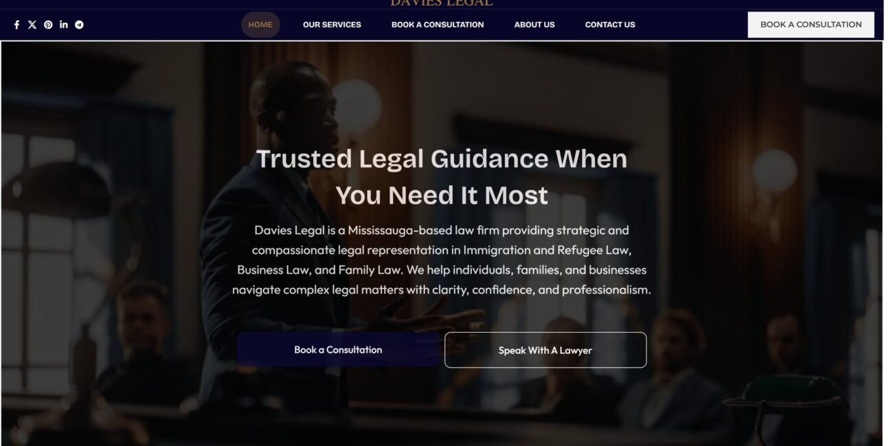 The Davies Legal home page: a lawyer addressing a courtroom under the headline "Trusted Legal Guidance When You Need It Most".