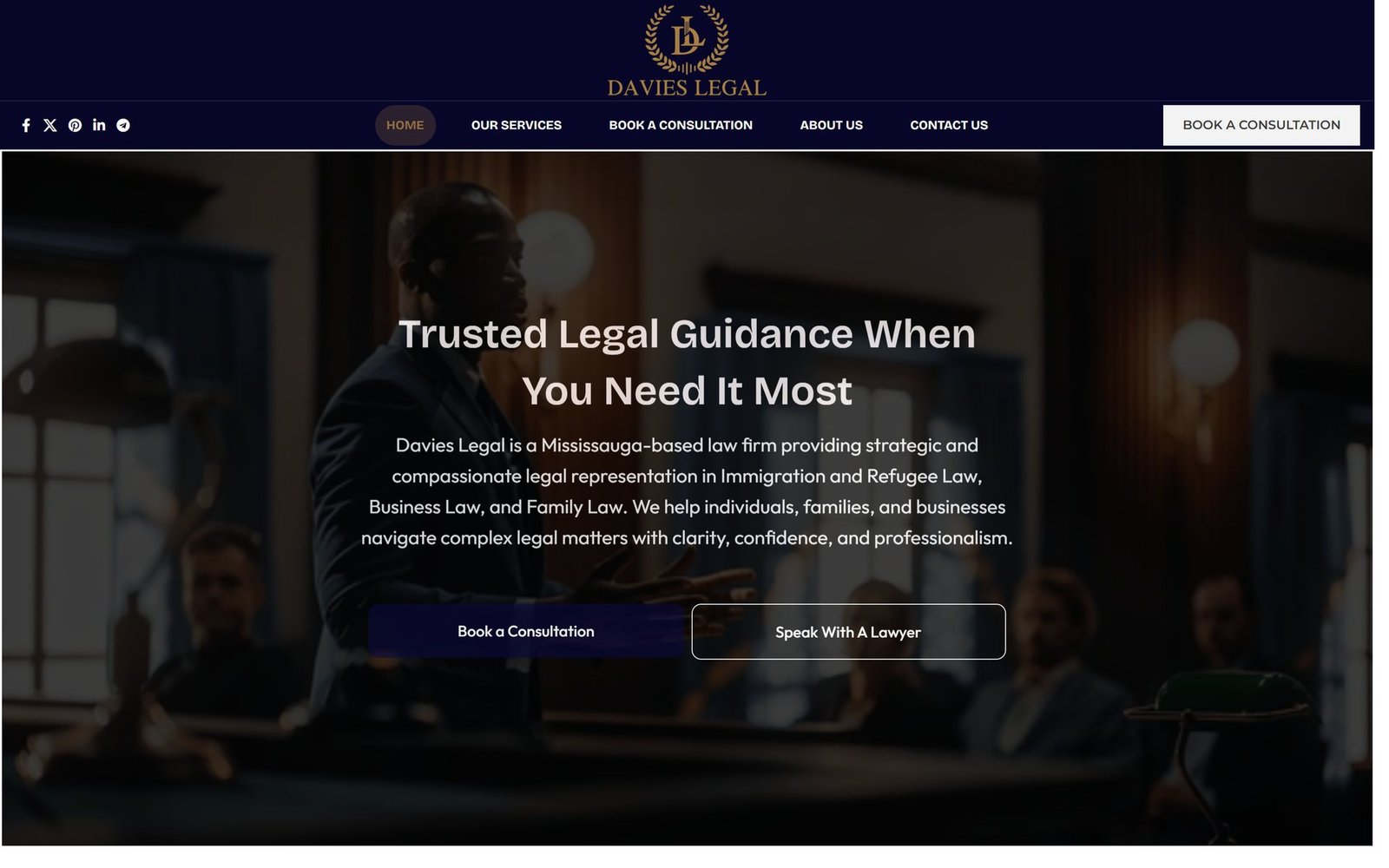 The Davies Legal home page: a lawyer addressing a courtroom under the headline "Trusted Legal Guidance When You Need It Most".