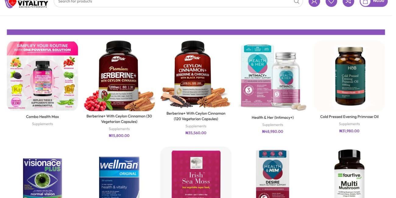 The Eclat Vitality storefront showing supplement products with prices in naira.