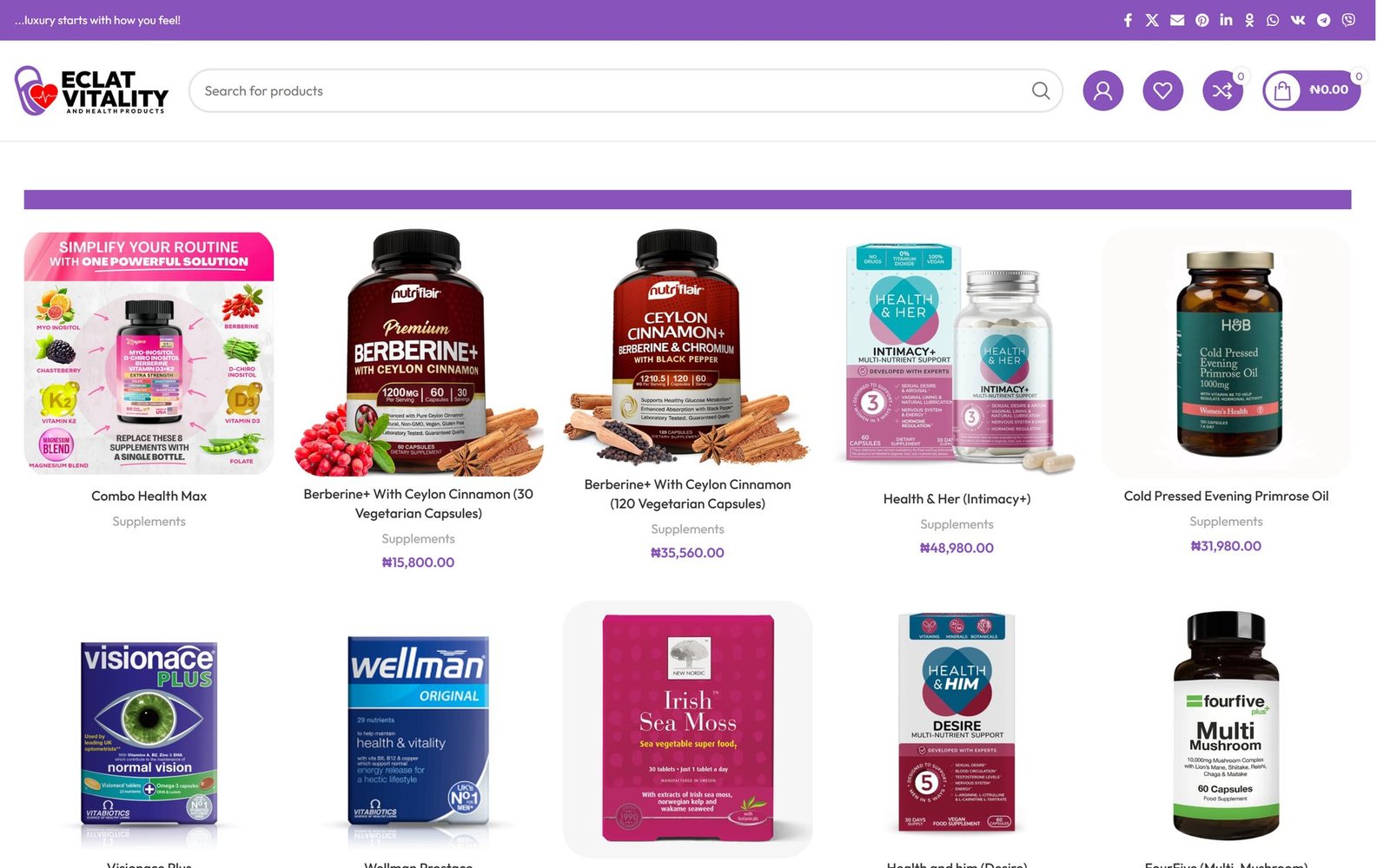 The Eclat Vitality storefront showing supplement products with prices in naira.