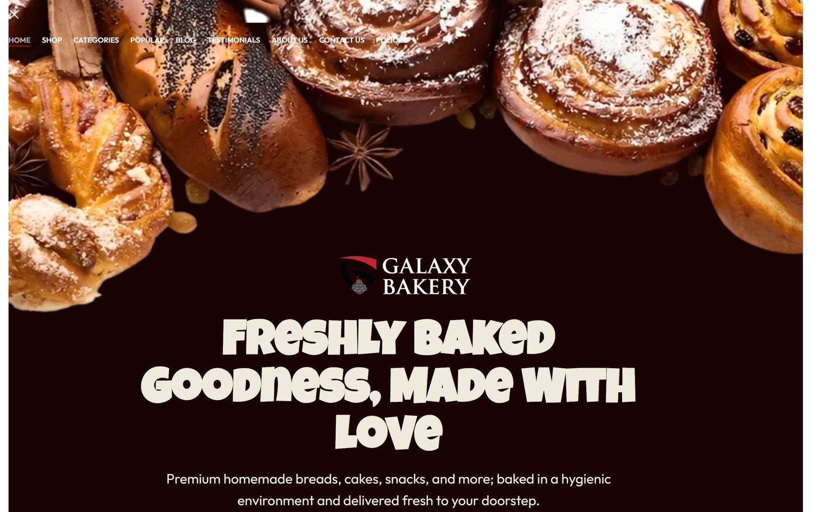 The Galaxy Bakery home page: fresh pastries above the headline "Freshly Baked Goodness, Made With Love".