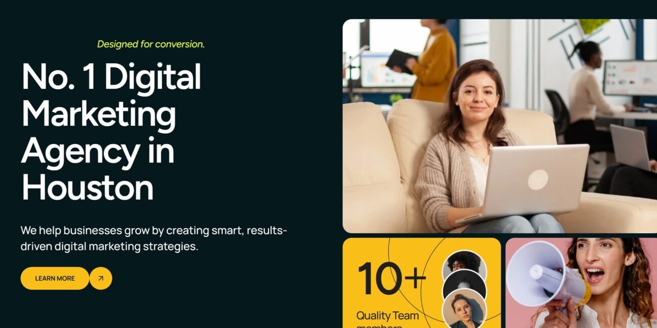 The Houston Hype Marketing home page: the headline "No. 1 Digital Marketing Agency in Houston" beside a team photo.
