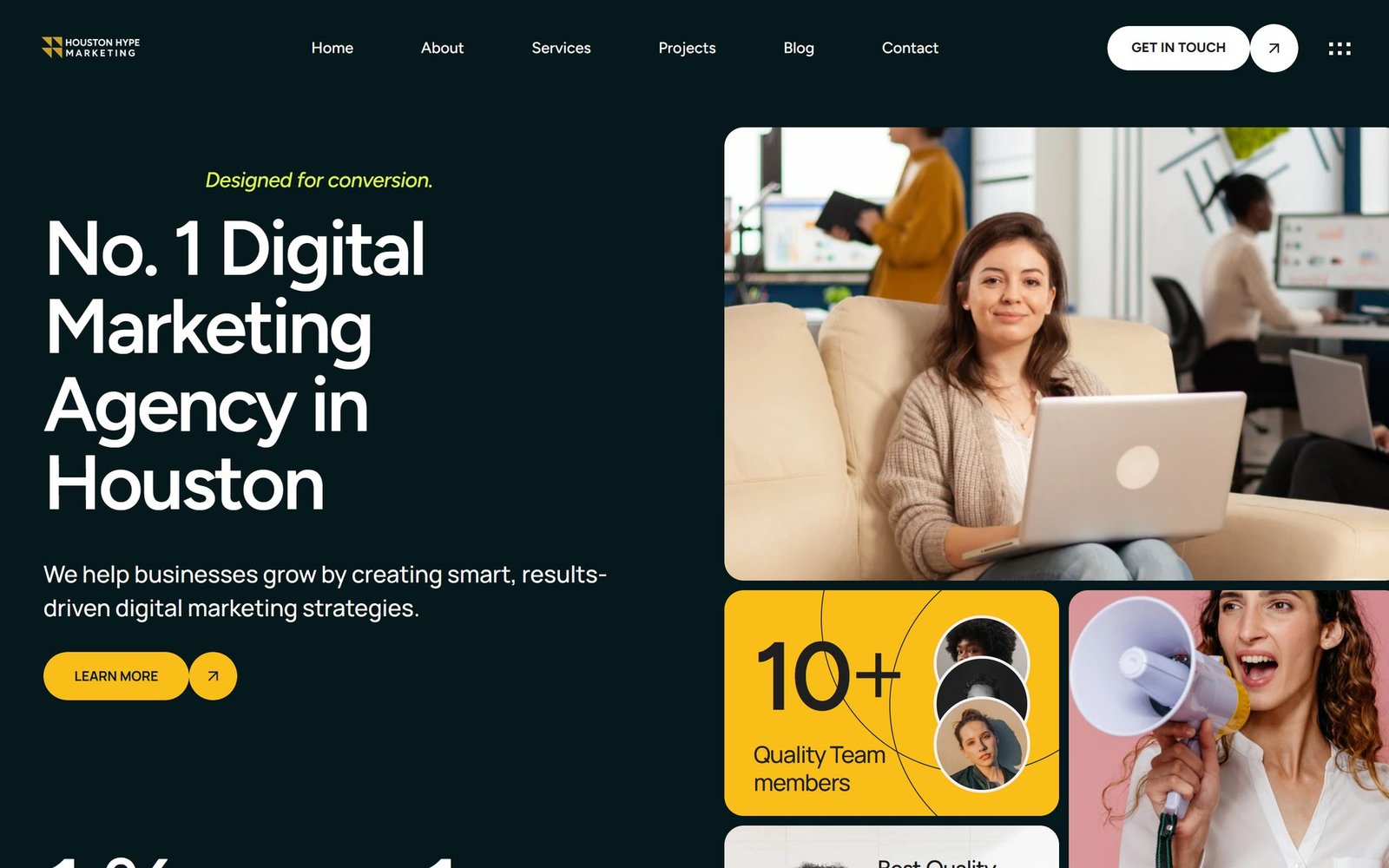 The Houston Hype Marketing home page: the headline "No. 1 Digital Marketing Agency in Houston" beside a team photo.
