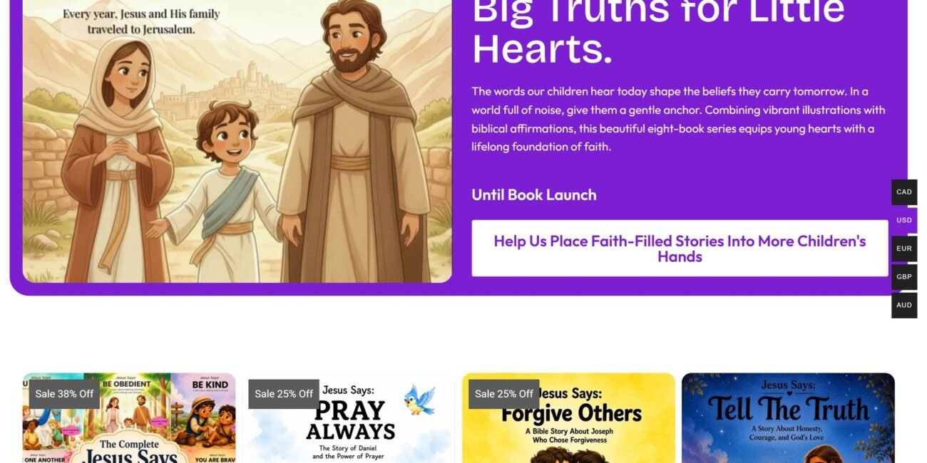 The MyFavSchool International page: the "Big Truths for Little Hearts" book launch with the children’s book series below.