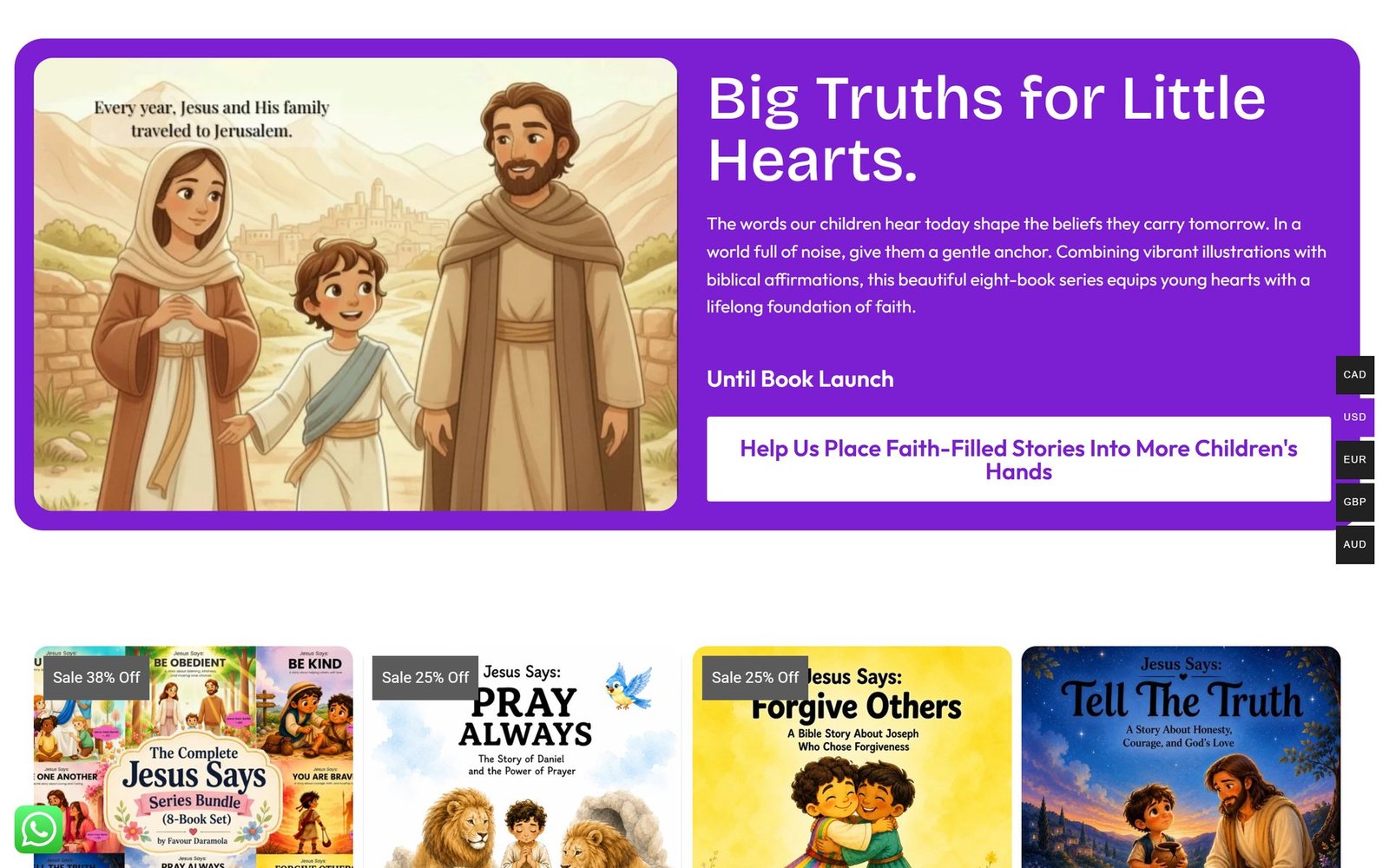 The MyFavSchool International page: the "Big Truths for Little Hearts" book launch with the children’s book series below.