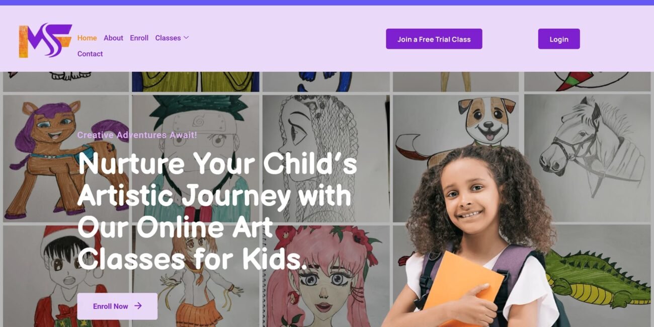 The MyFavSchool home page: a child holding sketchbooks under the headline "Nurture Your Child’s Artistic Journey with Our Online Art Classes for Kids".