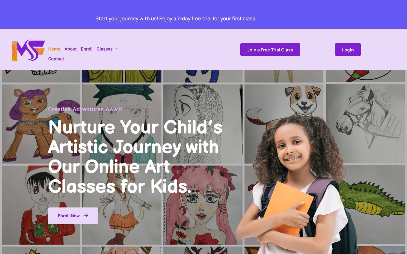 The MyFavSchool home page: a child holding sketchbooks under the headline "Nurture Your Child’s Artistic Journey with Our Online Art Classes for Kids".