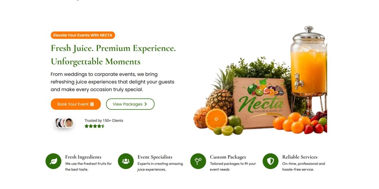 The Necta Experience home page: a juice dispenser and fresh fruit beside the headline "Fresh Juice. Premium Experience. Unforgettable Moments."