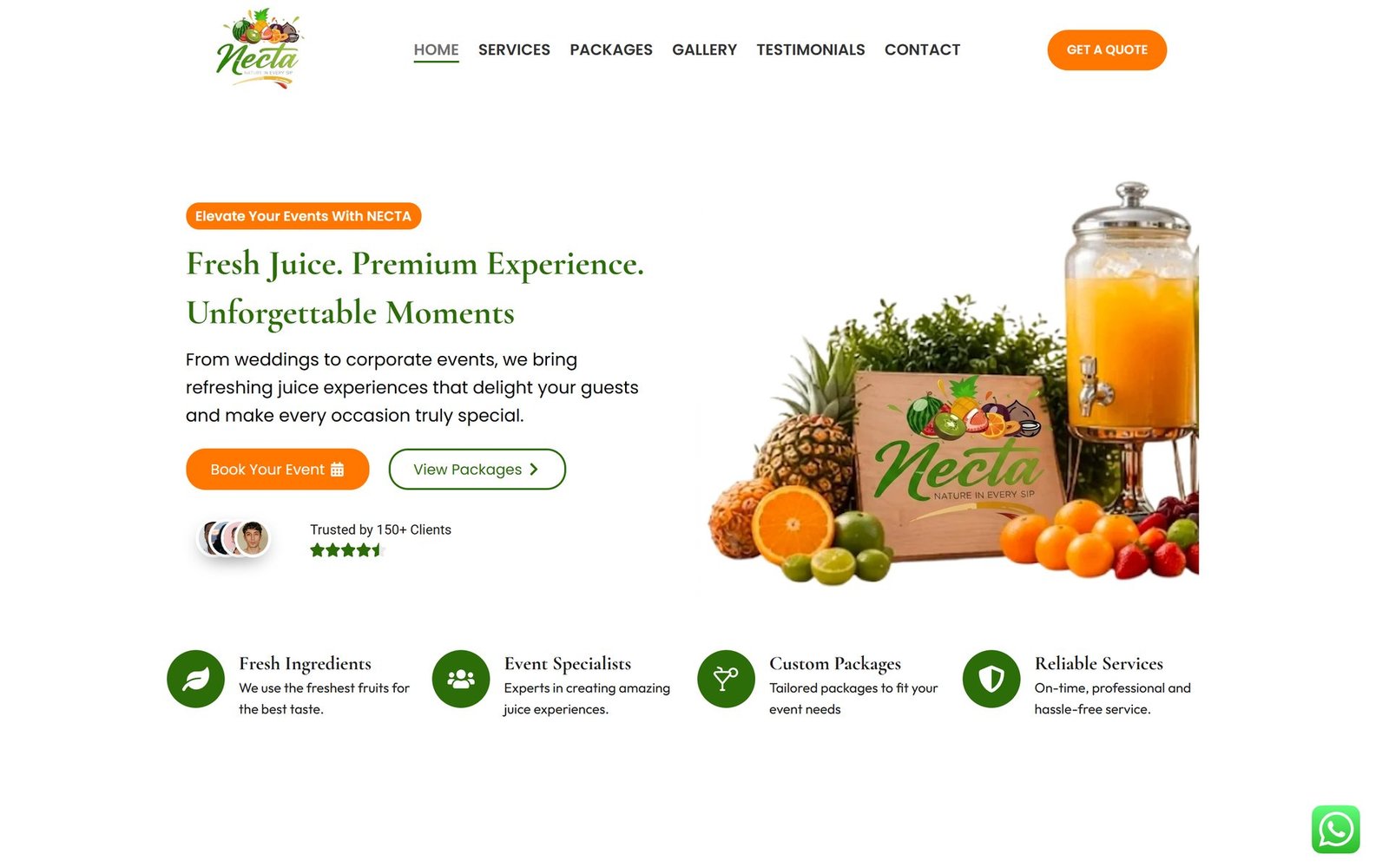 The Necta Experience home page: a juice dispenser and fresh fruit beside the headline "Fresh Juice. Premium Experience. Unforgettable Moments."