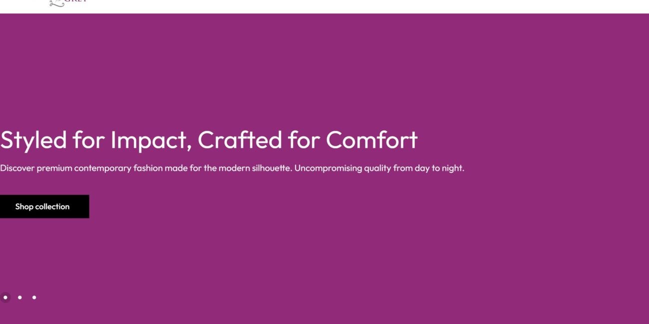 The Plum & Grey storefront: the headline "Styled for Impact, Crafted for Comfort" on a plum ground with a Shop collection button.