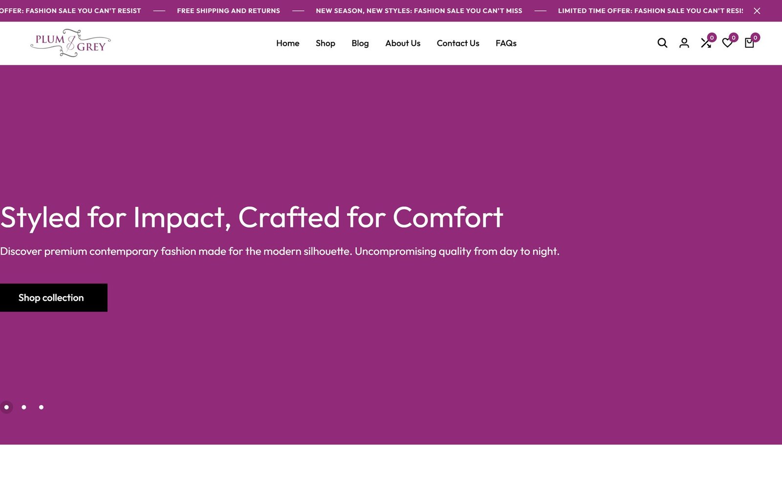 The Plum & Grey storefront: the headline "Styled for Impact, Crafted for Comfort" on a plum ground with a Shop collection button.