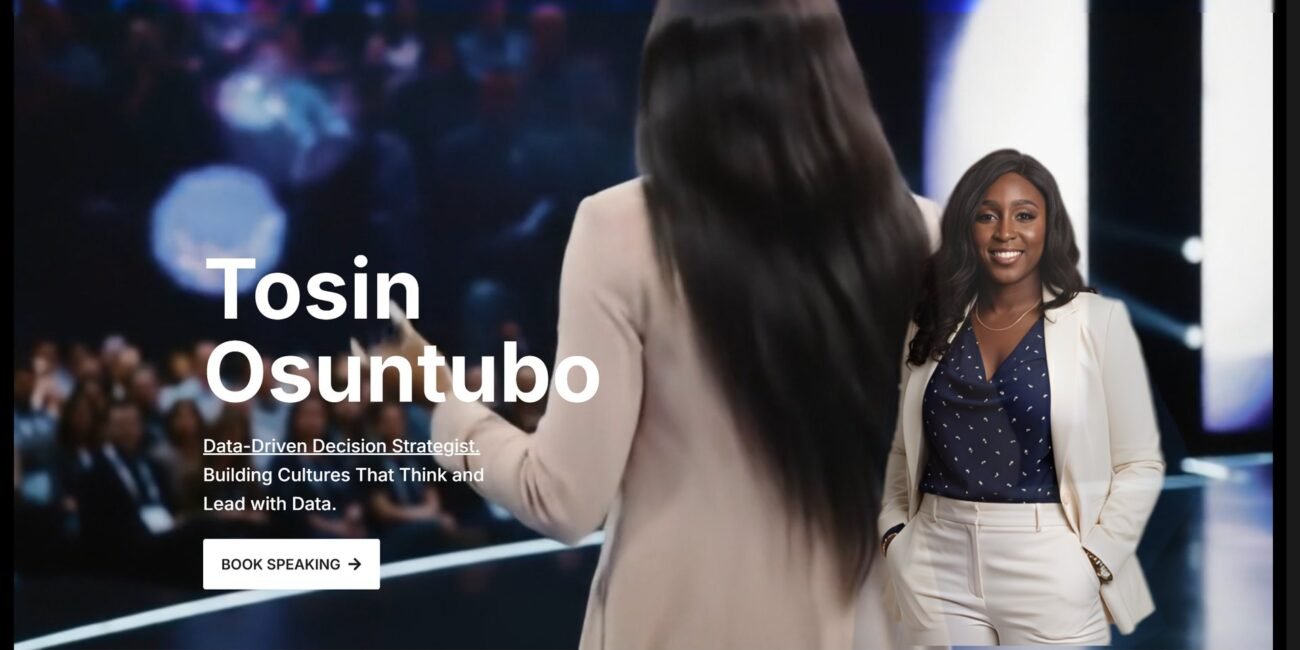 The Tosin Osuntubo home page: the speaker on stage under her name and the line "Data-Driven Decision Strategist".