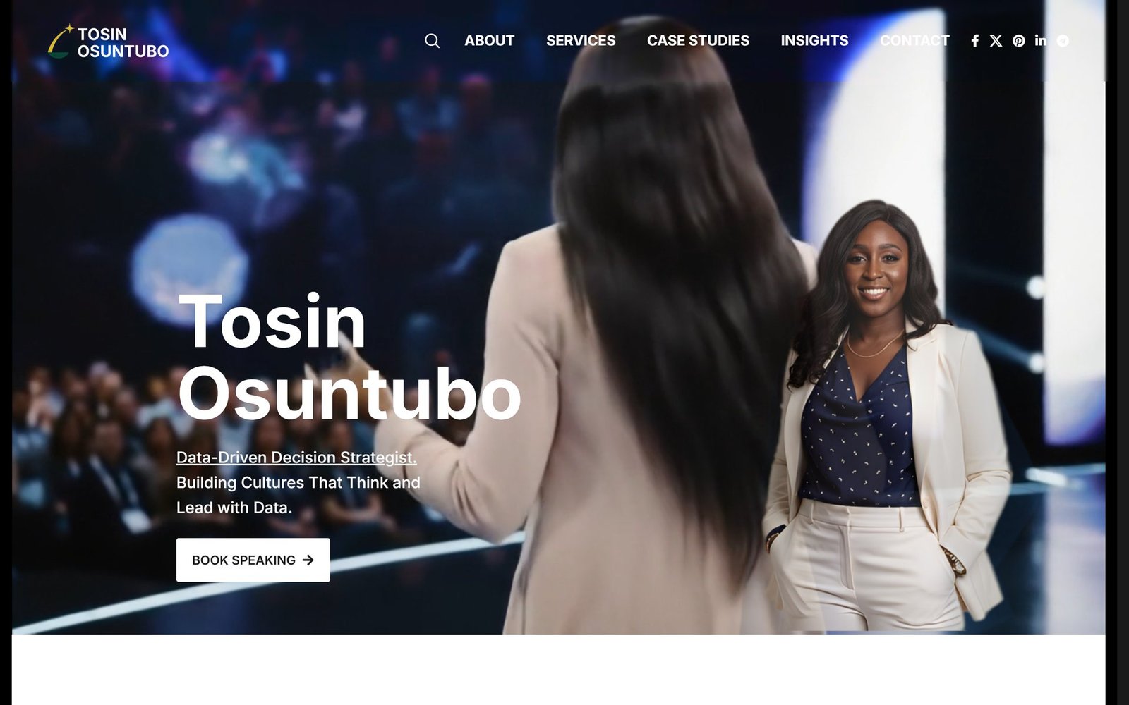 The Tosin Osuntubo home page: the speaker on stage under her name and the line "Data-Driven Decision Strategist".