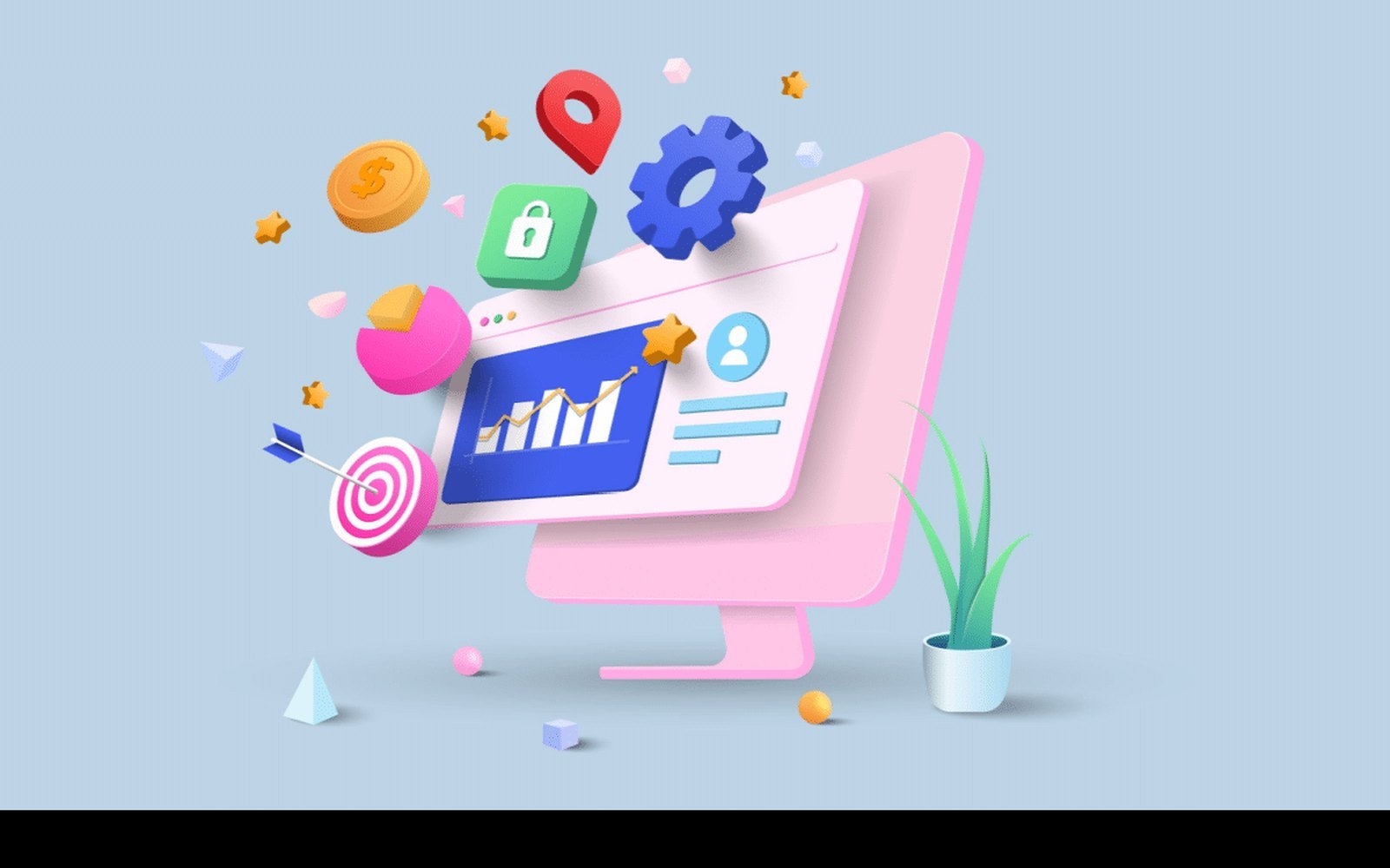 An illustration of a social media dashboard with engagement icons.